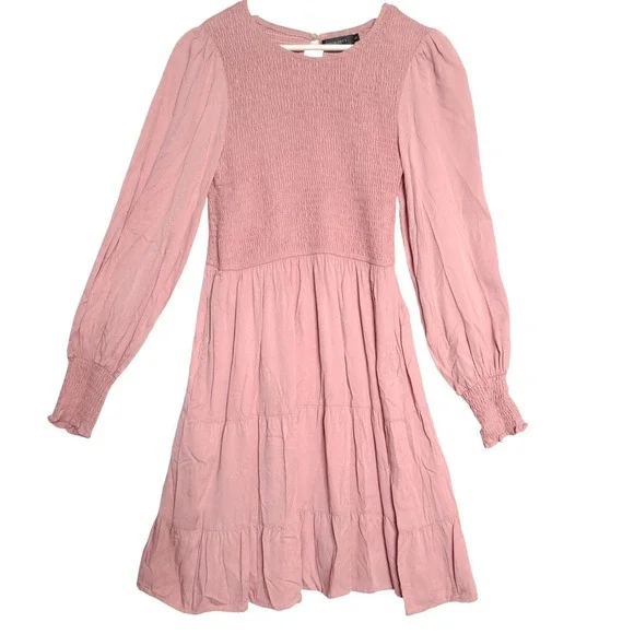 Meroketty Mini Dress Womens S Pink Smocked Tiered‎ Long Sleeve NWoT Flowy - Picture 3 of 13